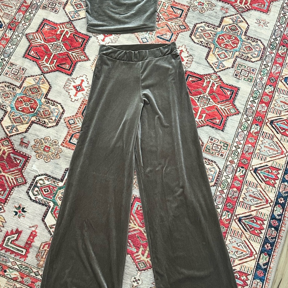Topshop Women’s Velvet Two Piece Set S Wide Leg Pants & Tube Top Gray